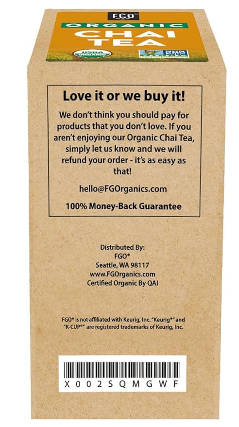 FGO Organic Chai Black Tea K-Cup Pods for Keurig 24 Count (Pack of 1) Premium Black Tea with Chai Spice is USDA Organic Non-GMO &amp Recyclable with Naturally Occurring Caffeine