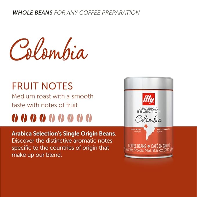 Illy Whole Bean Coffee Colombia Medium Roast - Notes of Citrus and Red Fruits - 100% Arabica - Whole Beans - Pressurized Packaging Sealed for Freshness – 8.8oz Can (Pack of 6)