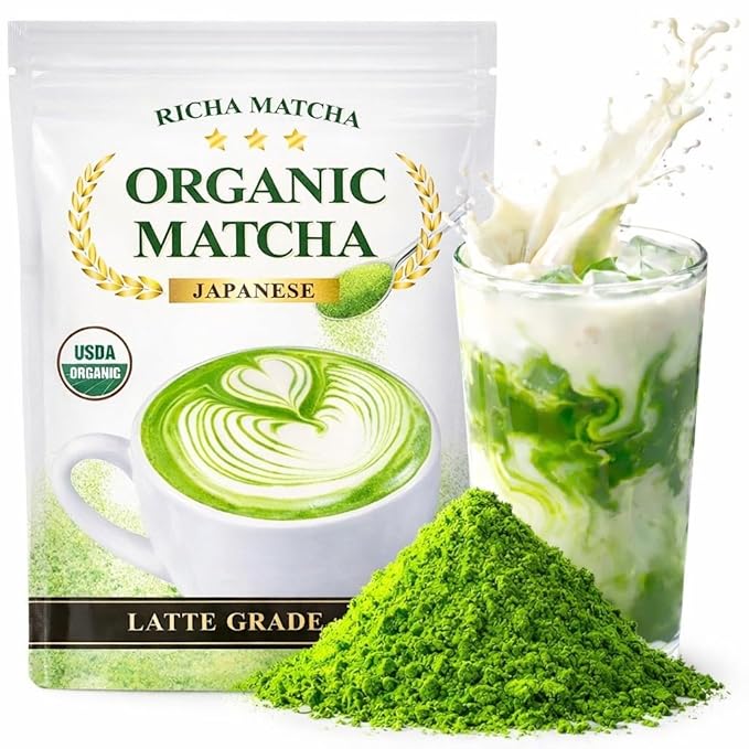 RICHA MATCHA – Organic Latte Grade Japanese Matcha Powder – Uji Matcha Green Tea from Kyoto Japan – First Harvest – Perfect for Matcha Latte Iced Drinks Smoothies &amp Baking – Smooth &amp Vibran
