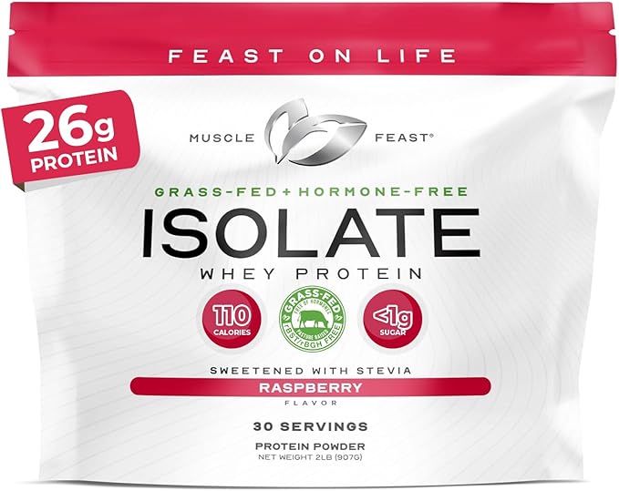 Muscle Feast Grass-Fed Whey Protein Isolate All Natural Hormone Free Pasture Raised Whey Isolate Protein Powder for Men and Women Clean Gluten-Free Delicious Isolate Protein - Raspberry 2lb
