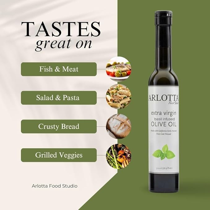 500ml Organic Basil Infused Extra Virgin Olive Oil Cold Pressed | California EVOO Kosher by Arlotta Food Studio | Herb Cooking Oil for Pasta Vegetables Salads Marinades | USA Made