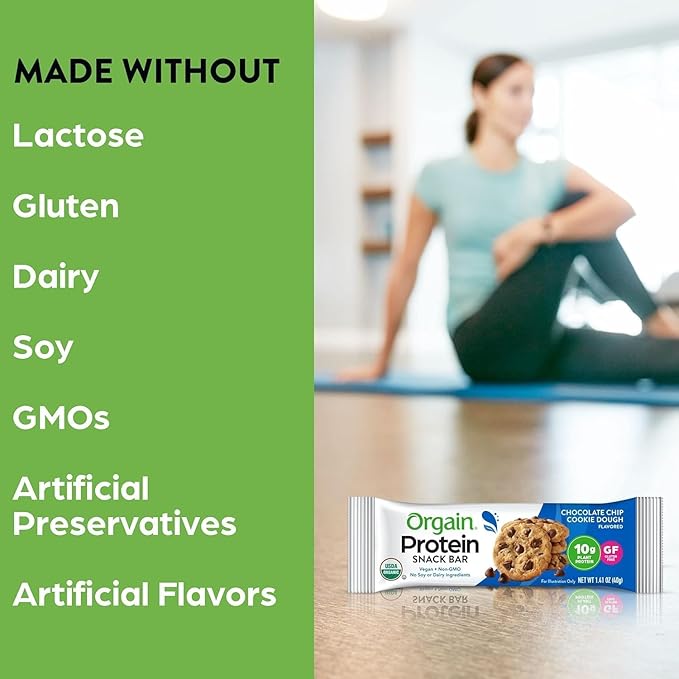 Orgain Organic Vegan Protein Bars Bundle - Chocolate Chip Cookie Dough &amp Peanut Butter Chocolate Chunk - 10g Plant Based Protein Gluten Free Non-GMO - 1.41 Oz (2 Pack of 12)