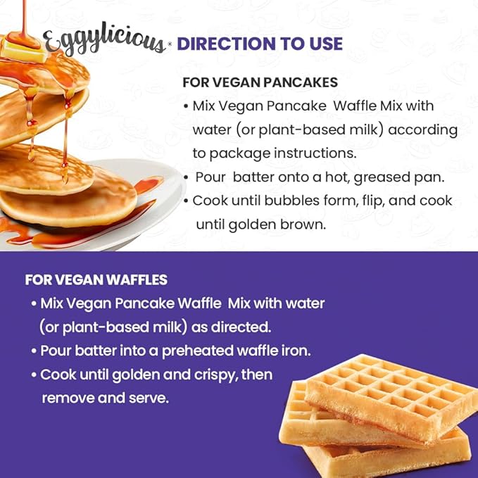 Eggylicious PACK OF 6- Vegan Pancake/Waffle Mix | Protein &amp Fibre Rich Gluten Free Pancake Mix | Quick &amp Easy Breakfast | Just Add Water/Milk Natural Non-Bioengineered | 1 lbs 8 oz (680 gm)