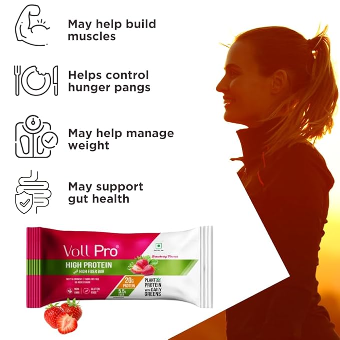 Voll Pro Plant Protein Bar with Daily Greens - High Protein 20g Fiber 5.5g 0g Sugar - Strawberry Flavour- Non-GMO- Gluten &amp Trans Fat Free-Crunchy Delicious Nutrient-Rich Protein Bars(50g X 12