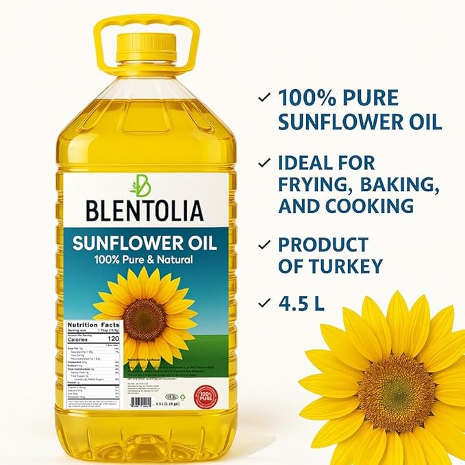 Blentolia- 100% Pure Sunflower Oil – 1.19 Gallon (4.5L) | Light Taste High Oleic | Ideal for Frying Cooking &amp Baking