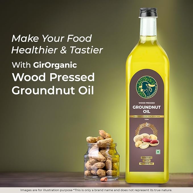GirOrganic Wood Pressed Peanut oil | Kacchi Ghani | Virgin | Unrefined Groundnut Oil | Cold Pressed | 100% Natural Cooking Oil (33 oz)