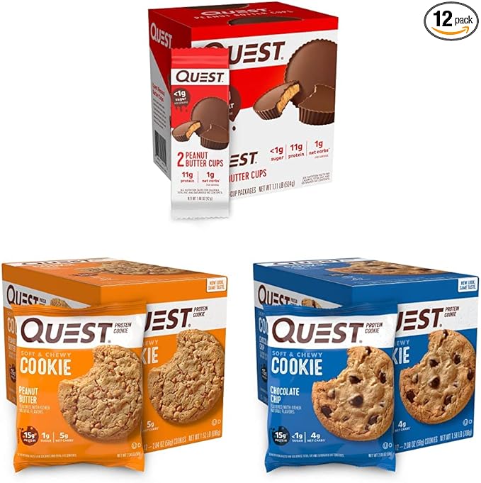 Quest Nutrition Protein Snacks Bundle - Peanut Butter Cups Peanut Butter Cookies and Chocolate Chip Cookies (12 Count Each)