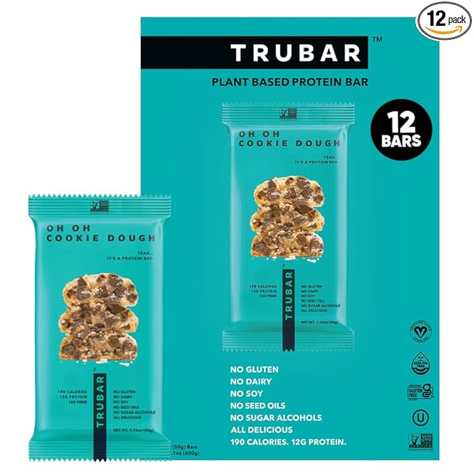 TRUBAR Vegan Protein Bar Oh Oh Cookie Dough Gluten Free Plant Based Protein Dairy Free Non GMO Soy Free No Sugar Alcohols 12G Protein 13G Fiber Healthy on the Go Snack Bars 12 CT