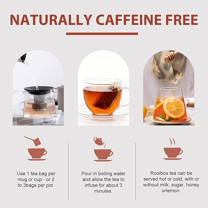 Soeos Organic Rooibos Tea 100 Teabags Naturally Caffeine Free USDA and Non GMO Certify Smooth and Robust Flavor Excellent for Hot or Iced Brew 9oz (250g)