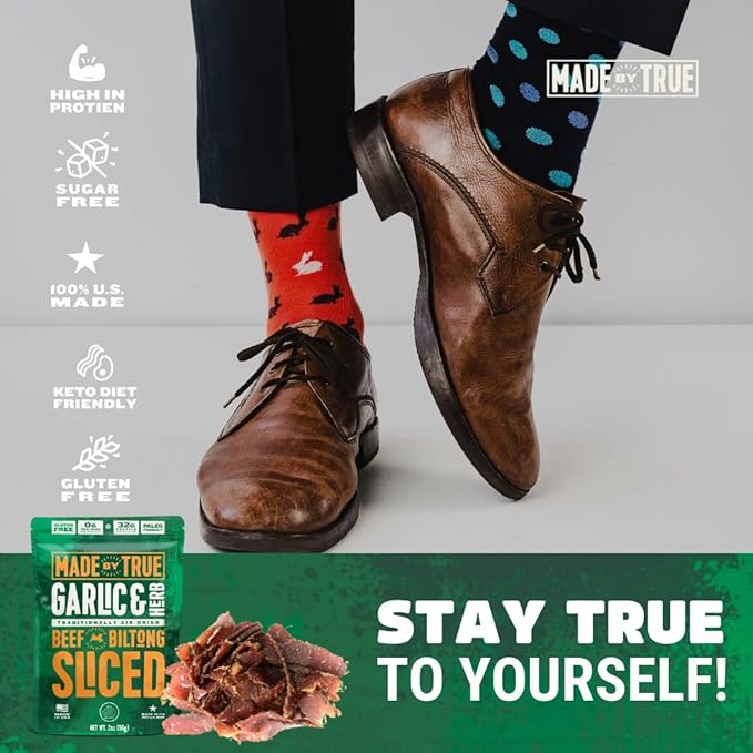 Made by True Beef Sliced Bites Garlic &amp Herb (8 Ounce Pack of 1) - All Natural Zero-Sugar True Jerky Biltong - High Protein Keto Paleo &amp Whole 30 Diet - Sugar-Free Gluten-Free Carb-Free