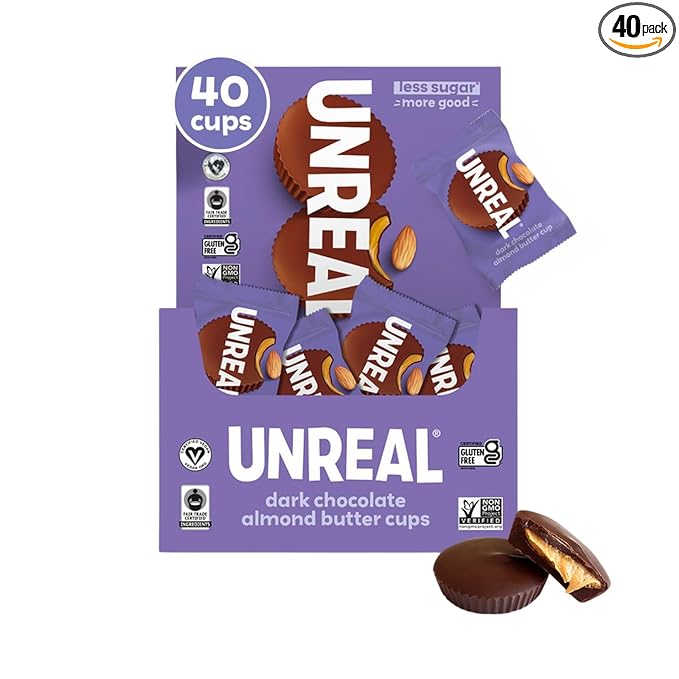 UNREAL Dark Chocolate Almond Butter Cups| 5g Sugar | Certified Vegan Gluten Free Fair Trade Non-GMO | No Sugar Alcohols or Soy | 0.53 Ounce (Pack of 40)