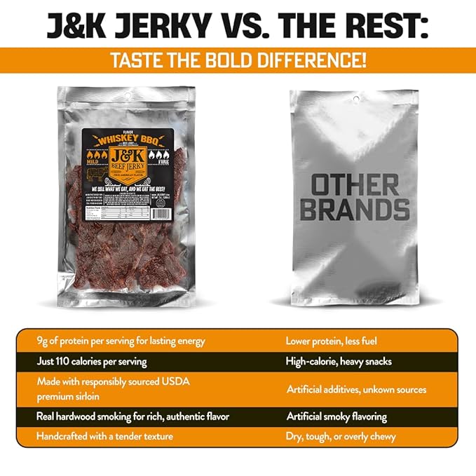 J&ampK Whiskey BBQ Beef Jerky - Small Batch American Made Slab Beef Jerky Spicy and Savory Snack with a Kick - Bold &amp Flavorful Snack! - 7oz Big Bag