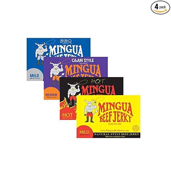 Mingua Beef Jerky Sampler Pack- 100% US Beef Without Nitrites - Four 3.5 Oz Bags