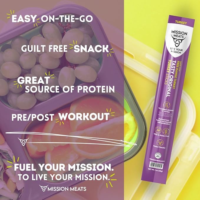 Mission Meats Turkey Sticks 100% Free Range Turkey Jerky Zero Sugar Delicious Healthy Snacks 9g Protein Individually Wrapped Gluten Free Original 1oz (12ct)
