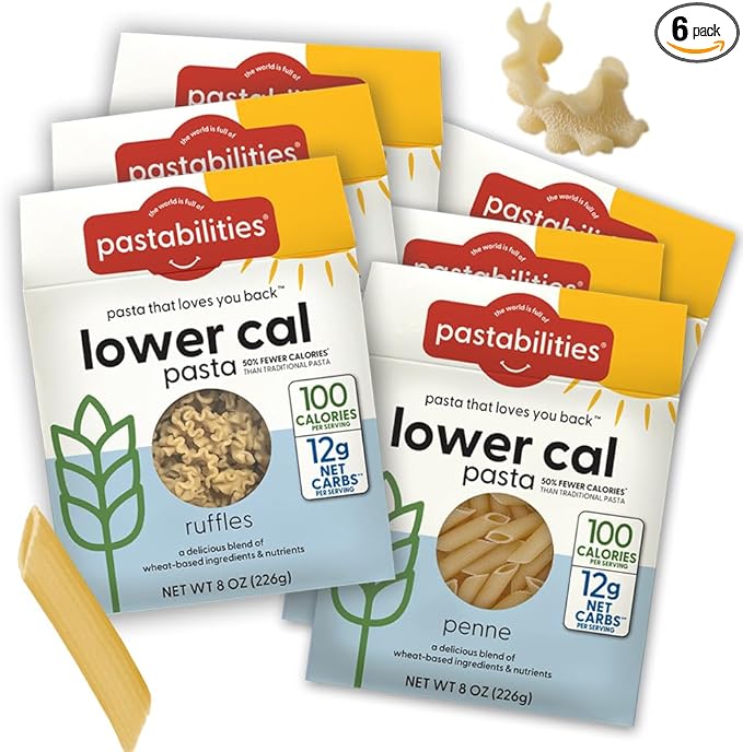 Pastabilities Lower Calorie Pasta Variety Pack (Penne &amp Ruffles) – 100 Calories/Serving 12g Net Carbs &amp High Fiber – Delicious &amp Nutritious Alternative to Traditional Pasta (8 Ounce 6