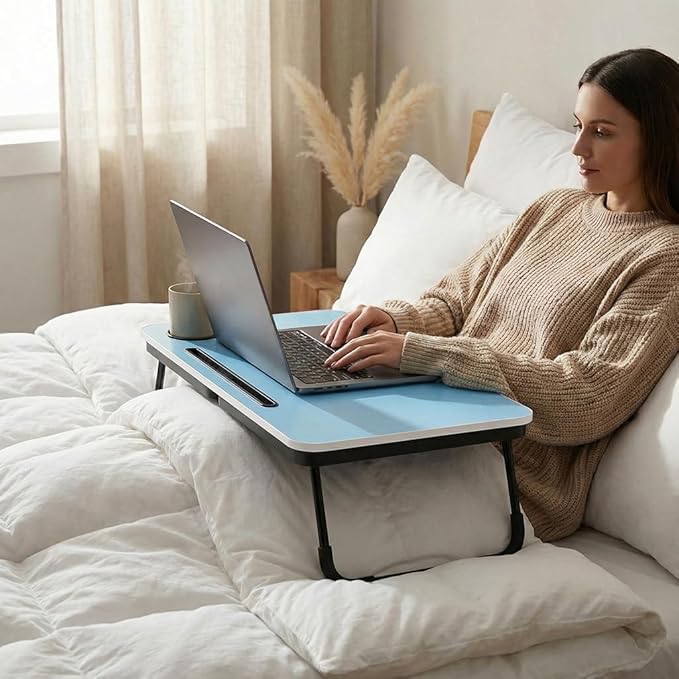 BUYIFY Foldable Laptop Bed Desk for Couch Sofa - Large Lap Desk Tray Table with Cup Holder and Tablet Slot - Portable Notebook Stand for Eating Writing Studying and WFH (Blue)