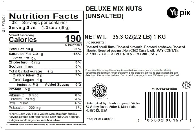 Yupik Deluxe Roasted Unsalted Nut Mix 2.2 lb (35.2 oz) Vegan Gluten Free Cholesterol Free Salt Free A Blend of Brazil Nuts Almonds Cashews Hazelnuts &amp Pecans Healthy Snacks