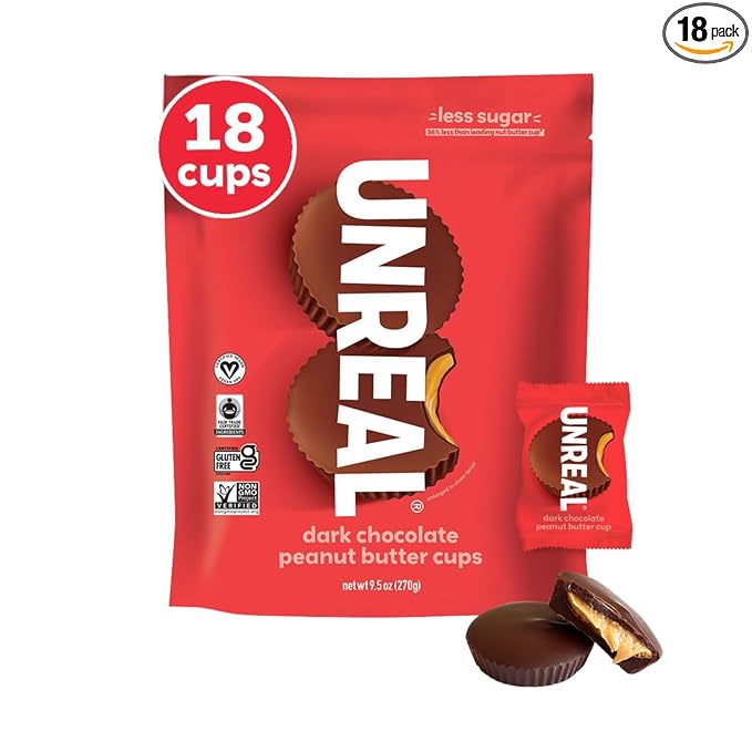 UNREAL Dark Chocolate Peanut Butter Cups (Value Size Bag) - Individually Wrapped Low Sugar Chocolate Snacks for Adults &amp Kids Organic Ingredients Certified Vegan Gluten Free Non-GMO (9.5oz)