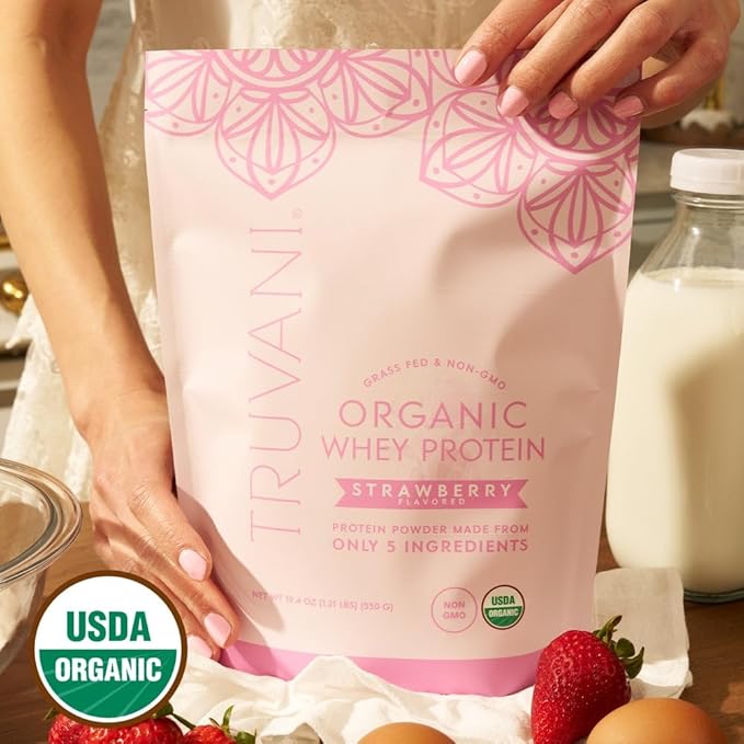 Truvani Organic Whey Protein Powder | Strawberry | 20g Grass Fed Whey Protein | 20 Servings | USDA Organic &amp Non-GMO | Gluten Free | No Gums No Soy No Stevia No Added Sugars