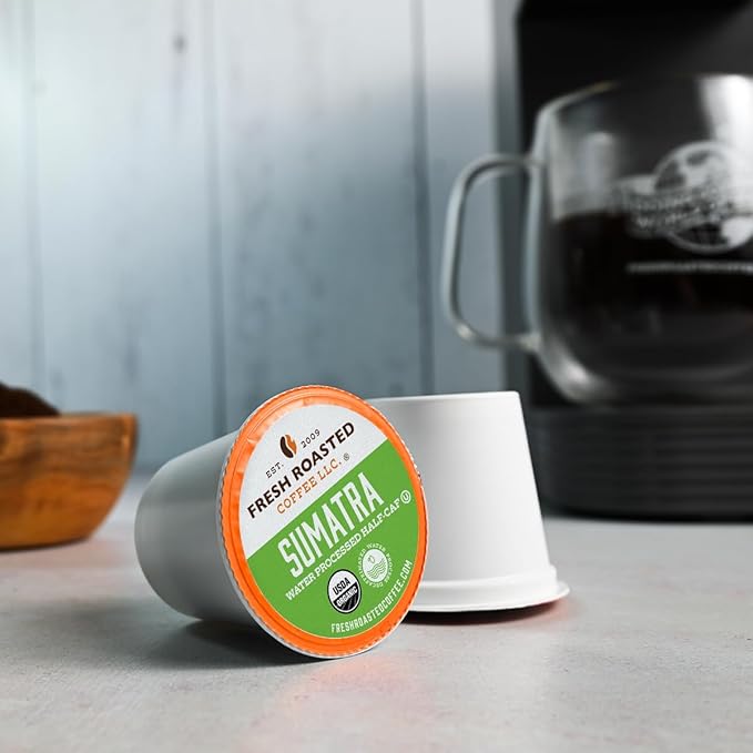 Fresh Roasted Coffee Organic Sumatra Water-Processed Half-Caf | 100% Single Origin USDA Organic Kosher | Medium Roast K-Cup Compatible | 72 Pods