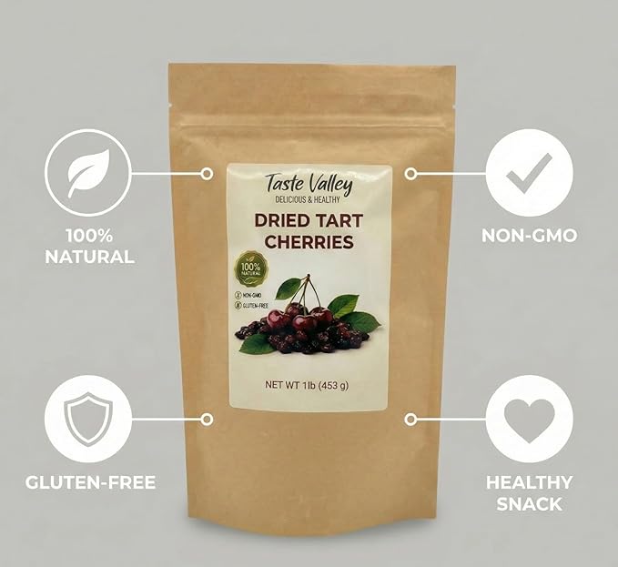 Taste Valley Dried Tart Cherries - 100% Natural Non-GMO Gluten Free - No Artificial Preservatives - Premium Montmorency Cherries for Snacking Baking &amp Cooking - 1 lb (453g)