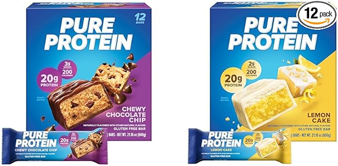 Pure Protein Bars High Protein Nutritious Snacks Chewy Chocolate Chip &amp Lemon Cake Flavors 20g Protein 1.76oz Pack of 12