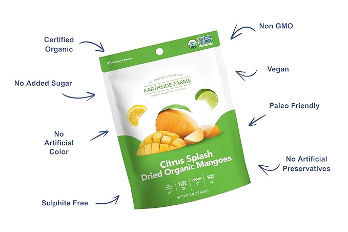 Earthside Farms - Dried Organic Mango Variety Pack Original Citrus Splash Lime Kick and Peach Paradise Dried Organic Mangoes Gluten Free No Added Sugar Non GMO Organic Vegan No Preservatives