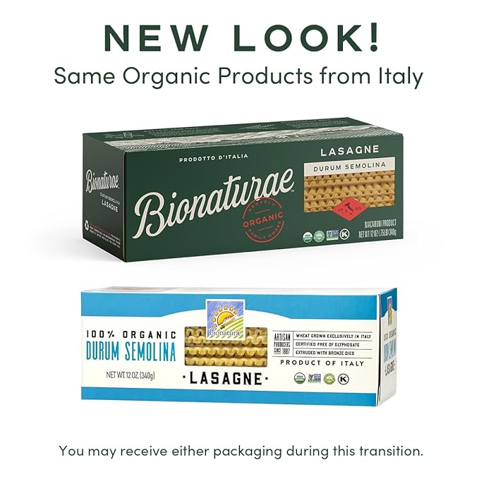 Bionaturae Lasagna Pasta Noodles - Durum Semolina Pasta Kosher Certified High Protein Non-GMO USDA Certified Durum Semolina Lasagna Lasagna Pasta Organic Crafted in Italy - 12 Oz 12 Pack