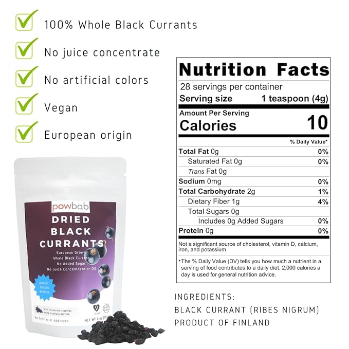 powbab Dried Black Currants (4 oz) 100% Unsweetened Currants Dried Fruit Ribes Nigrum. Nordic European Grown Dried Currants for Baking. No Added Sugar No Oil No Juice Concentrate. Not Zante Currants