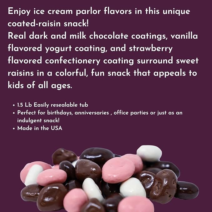 Neapolitan Chocolate Covered Raisins || 1.5 Lb Tub || Dark Milk Vanilla &amp Strawberry Coated