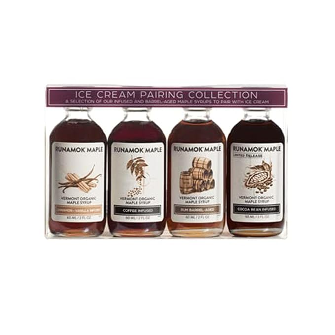 Runamok Organic Vermont Maple Syrup Sampler | Ice Cream Pairing Collection | 2 oz (4 count) | 60mL | Barrel-aged &amp Infused Organic Maple Syrup Varieties