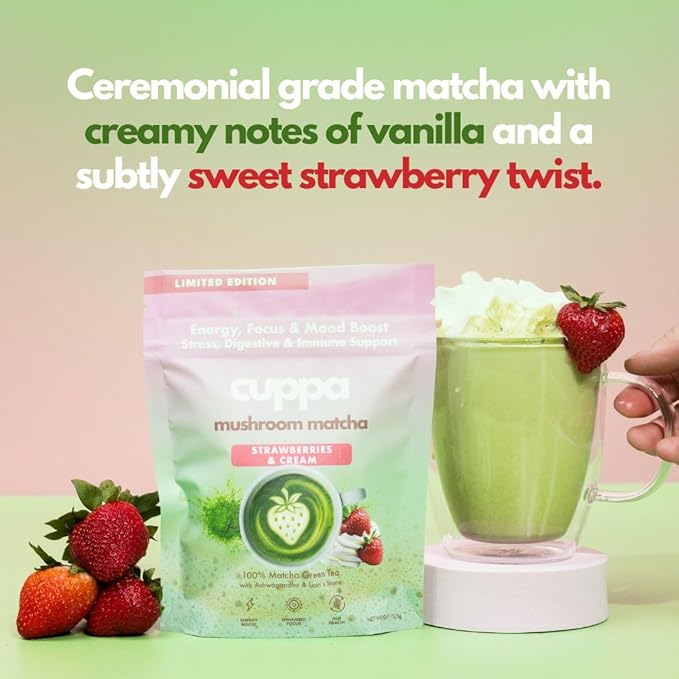 Cuppa Strawberries &amp Cream Matcha - Great tasting ceremonial matcha with mushrooms adaptogens &amp superfoods - Lion's Mane Ashwagandha Cordyceps MCT &amp Prebiotic Fiber . Supports natural