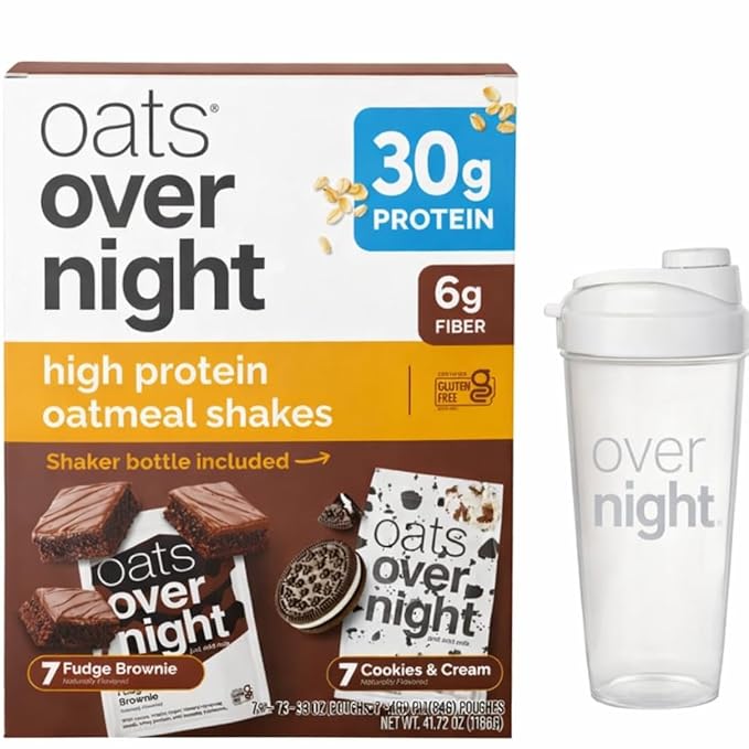 Oats Overnight Variety Pack 30g Protein Oatmeal Shake Cookies &amp Cream &amp Fudge Brownie High Protein Breakfast Drink Mix Just Add Milk 14 Pack + Shaker Bottle Included