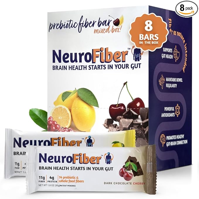 NeuroFiber Prebiotic Fiber Bars – Gut Health Constipation Relief &amp Brain Function Support – Plant-Based Gluten Free Vegan (8 Bars Mix Box Lemon/Choco)