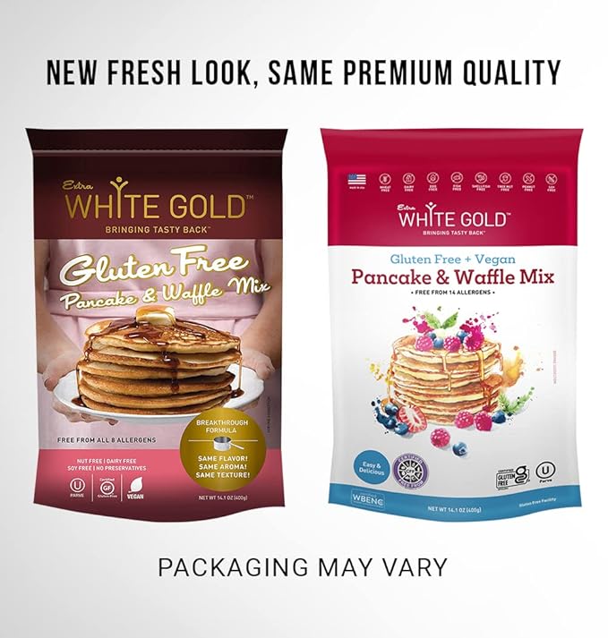 Extra White Gold Pancake &amp Waffle Mix – For Baking Cakes Cupcakes Desserts – [Gluten Free] [Nut Free] [Free of the Top 14 Major Allergens] – 14.1 Ounces (4 Pack)