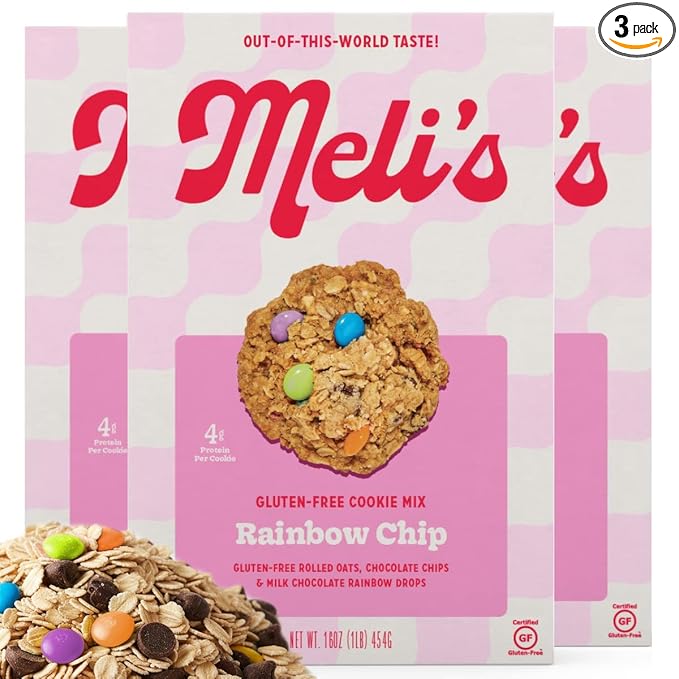 Meli’s Rainbow Chocolate Chip Gluten Free Cookie Mix High Protein Baking Mix with Milk Chocolate Rainbow Drops &amp Rolled Oats Easy Bake Oven Mixes for Sweet Treats &amp Desserts 16oz Box3-Pack