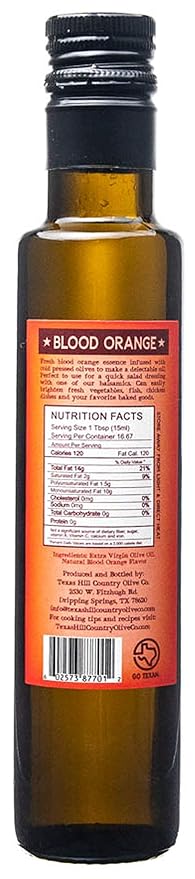 Texas Hill Country Olive Co Blood Orange Infused Olive Oil - Cold Pressed Gourmet EVOO Olive Oil - Great for Dressing Dipping Marinade - No Artificial Flavors or Added Sugar - Made in Texas (8.5 oz)