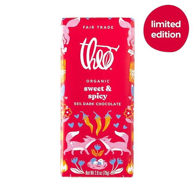 Theo Chocolate Valentine's Day Sweet &amp Spicy | Cinnamon &amp Cayenne Organic Organic Dark Chocolate Bar 55% Limited Edition 12 Pack Vegan Fair Trade Non-GMO