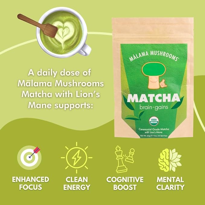 Malama Ceremonial Grade Matcha Powder - Premium Japanese Matcha Green Tea Powder with Organic Lion’s Mane Extract - Organic Gluten-Free Vegan &amp Unsweetened (2.1 oz) for Energy &amp Focus