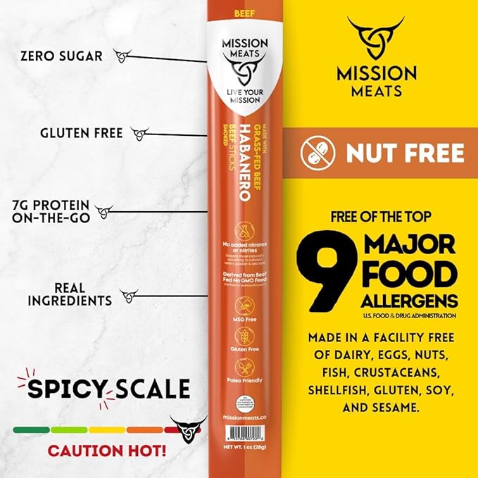Mission Meats Beef Sticks – 100% Grass Fed &amp Pasture Raised Sugar Free Individually Wrapped Healthy Snacks Whole 30 &amp Paleo Friendly Habanero 1oz (12ct)