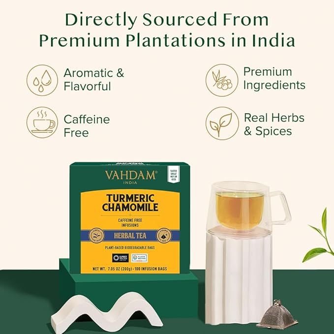 VAHDAM Turmeric Chamomile Tea Bags (100 Herbal Tea Bags) Caffeine Free100% Pure Herbal Tisane - Warm Earthy &amp Floral | Infused With Chamomile Flowers | Resealable Ziplock Pouch