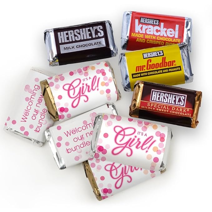 115 Ct It's A Girl Pink Baby Shower Chocolate Mix - Hershey's Miniatures Hershey's Kisses &amp Mini Peanut Butter Cups (1.68lbs) for Candy Favors Candy Buffets and Pink Baby Shower Table Decoration