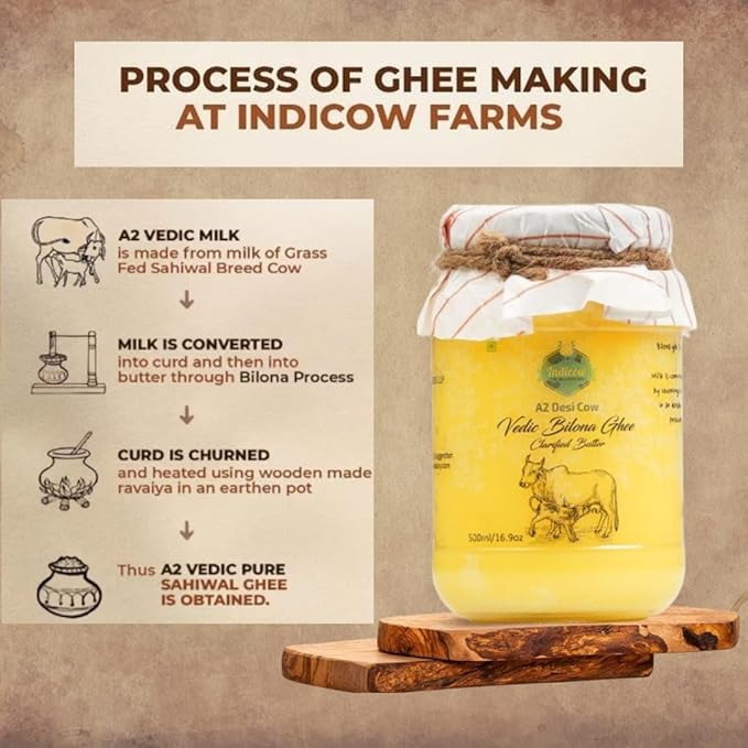 Indicow A2 Desi Cow Ghee Clarified Butter | Grass Fed Cows | (1000ML(33.8oz) A2 Cow Ghee (Sahiwal Cows)) | Clarified Butter Fat Keto Paleo Lactose Free Casein Free Non-GMO |a2 ghee organic