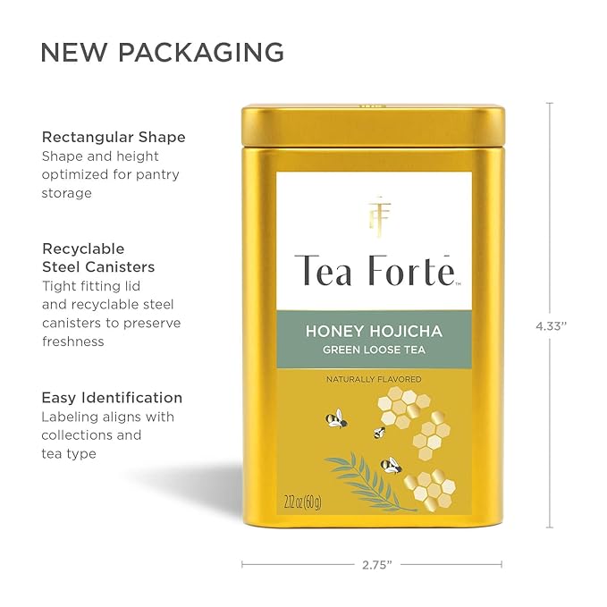 Tea Forte Honey Hojicha Premium Loose Leaf Caffeinated Green Tea Blend Canister Makes 35-50 Cups
