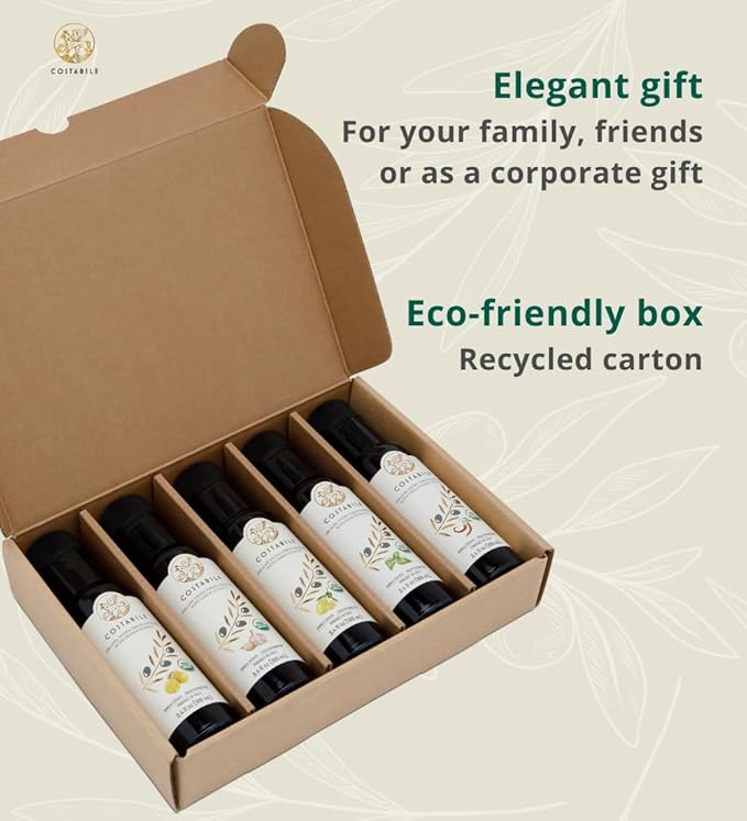 Infused Olive Oil Gift Sets - Organic Puglia Olive Oil Sampler Gift Set. Ideal for Italian and Edible Baskets. Gourmet Box for Food Lovers of 5 x 3.45 Fl.Oz.