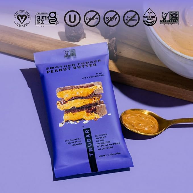 TRUBAR Vegan Protein Bar Smother Fudger Peanut Butter Gluten Free Plant Based Protein Dairy Free Non GMO Soy Free No Sugar Alcohols 12G Protein 13G Fiber Healthy on the Go Snack Bars 12 CT
