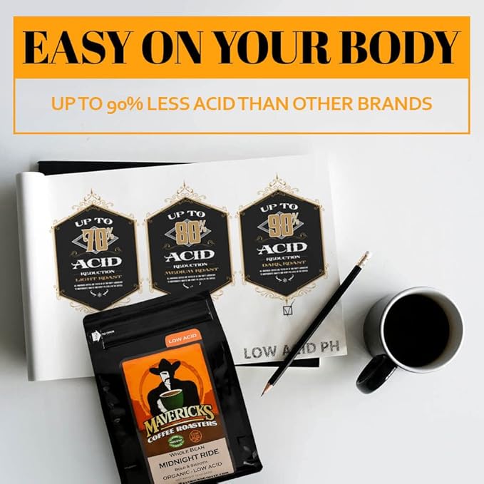 Midnight Ride Blend | 90% Less Acid | Low Acid Coffee 100% Organic ingredients| Bold Roast - - Whole Bean 1lb