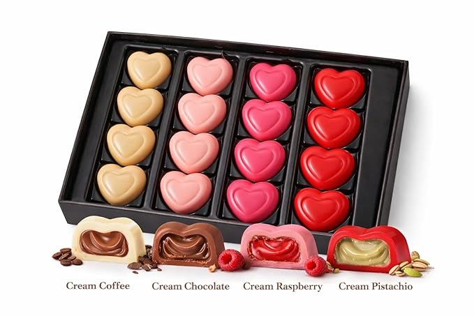 OMNIYA Delicacy - Luxury Chocolate Heart Box - 16 Pcs Heart Shaped Chocolate w/ 4 Flavors (Raspberry Coffee Pistachio &amp Chocolate) Premium Gourmet Creme Filled Chocolate for Special Occasions