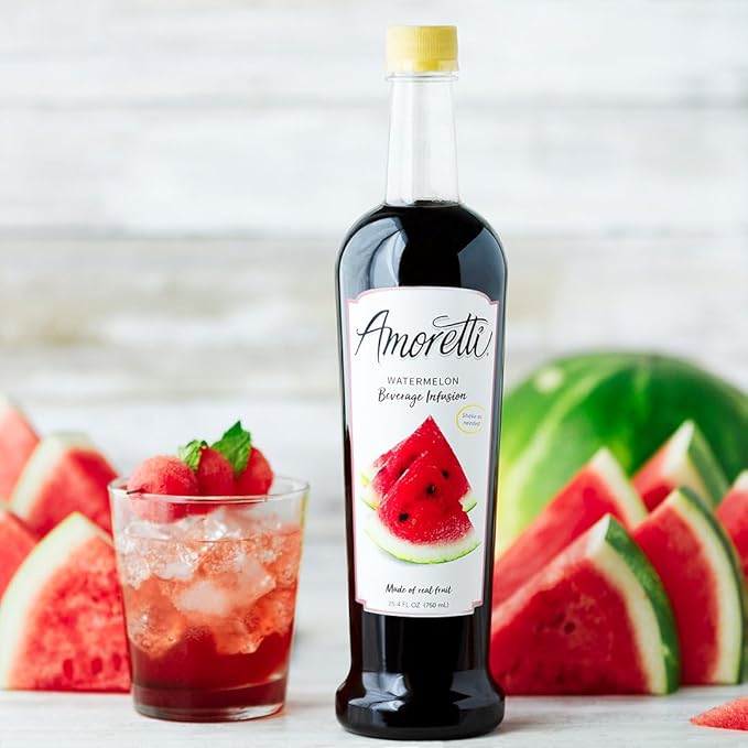 Amoretti - Watermelon Beverage Infusion 94 Servings Per Bottle (750 ml) - Drink Mix &amp Water Enhancer with Pump for Flavoring Cocktails Waters Teas and other Beverages Preservative Free