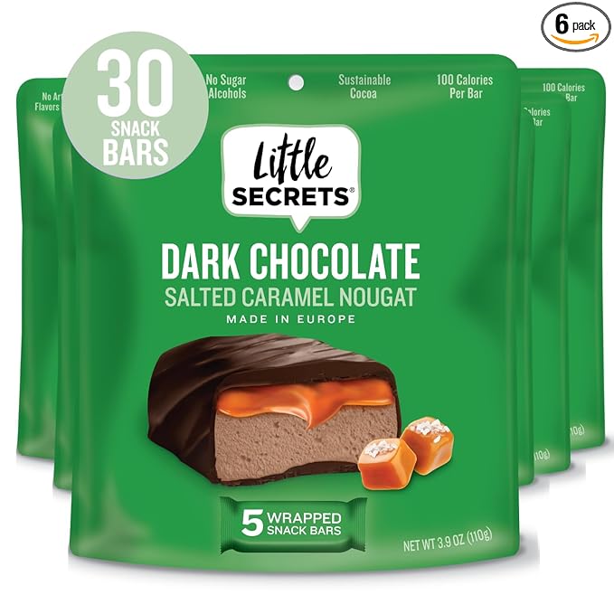 Little Secrets Dark Chocolate Nougat Bars | 5 Snack Bars per Bag| Made in Europe | Nothing Artificial &amp No Sugar Alcohols | Sustainable Cocoa | 3.9 Ounce Pack of 6-30 bars total